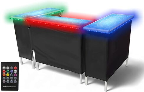 partypong قابلة للطي محمولة Triple Bar مع مصابيح LED ، عن بُعد اللاسلكي ، تنانير 2 بار ، رف التخزين ، وحالة حمل - أسود in Kuwait