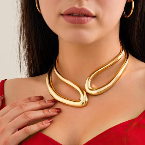 LILIE&WHITE Gold Collar Necklace For Women Choker Necklace Adjustable Open Gold Chunky Necklaces Trendy Hypoallergenic Chunky Choker Collar Statement Necklace Chic Jewelry in Saudi Arabia