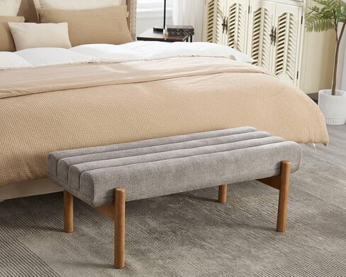 VESCASA Upholstered End of Bed Bench with Solid Wood Legs, Modern 47" W Entryway Bench with Comfortable Soft Cushion Seat for Living Room, Bedroom, Hallway, Chenille White in Kuwait