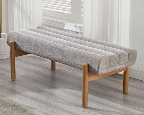 VESCASA Upholstered End of Bed Bench with Solid Wood Legs, Modern 47" W Entryway Bench with Comfortable Soft Cushion Seat for Living Room, Bedroom, Hallway, Chenille White in Kuwait