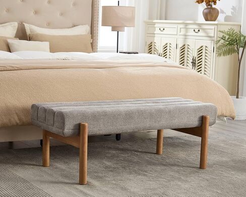 VESCASA Upholstered End of Bed Bench with Solid Wood Legs, Modern 47" W Entryway Bench with Comfortable Soft Cushion Seat for Living Room, Bedroom, Hallway, Chenille White in Kuwait