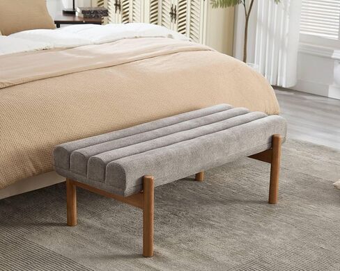 VESCASA Upholstered End of Bed Bench with Solid Wood Legs, Modern 47" W Entryway Bench with Comfortable Soft Cushion Seat for Living Room, Bedroom, Hallway, Chenille White in Kuwait