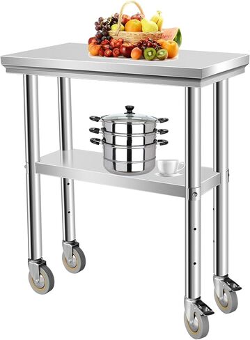 Stainless Steel Work Table with Casters, 24 x 12 x 34 Inch Heavy Duty Kitchen Prep Table for Restaurant, Home and Hotel Use, Small Kitchen Table with Stainless Steel Shelves in Saudi Arabia