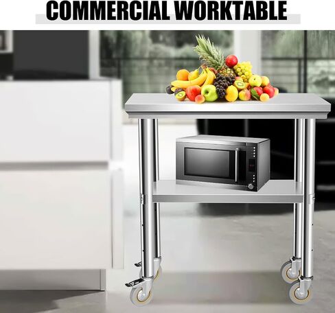 Stainless Steel Work Table with Casters, 24 x 12 x 34 Inch Heavy Duty Kitchen Prep Table for Restaurant, Home and Hotel Use, Small Kitchen Table with Stainless Steel Shelves in Saudi Arabia