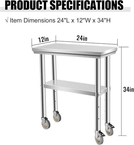 Stainless Steel Work Table with Casters, 24 x 12 x 34 Inch Heavy Duty Kitchen Prep Table for Restaurant, Home and Hotel Use, Small Kitchen Table with Stainless Steel Shelves in Saudi Arabia