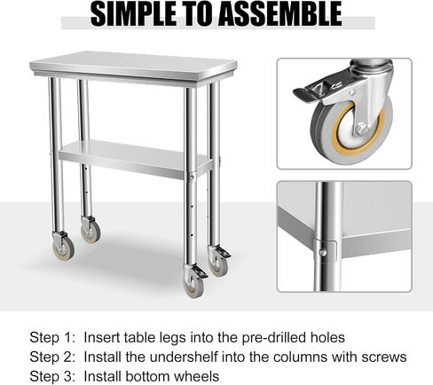 Stainless Steel Work Table with Casters, 24 x 12 x 34 Inch Heavy Duty Kitchen Prep Table for Restaurant, Home and Hotel Use, Small Kitchen Table with Stainless Steel Shelves in Saudi Arabia