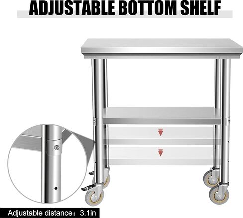 Stainless Steel Work Table with Casters, 24 x 12 x 34 Inch Heavy Duty Kitchen Prep Table for Restaurant, Home and Hotel Use, Small Kitchen Table with Stainless Steel Shelves in Saudi Arabia