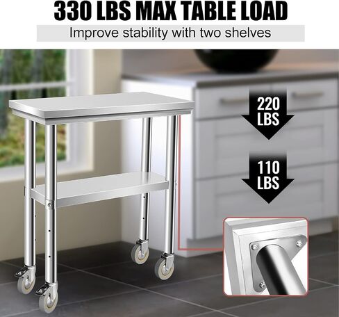 Stainless Steel Work Table with Casters, 24 x 12 x 34 Inch Heavy Duty Kitchen Prep Table for Restaurant, Home and Hotel Use, Small Kitchen Table with Stainless Steel Shelves in Saudi Arabia