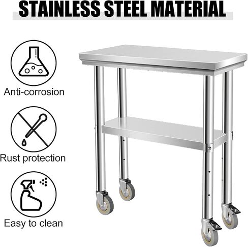 Stainless Steel Work Table with Casters, 24 x 12 x 34 Inch Heavy Duty Kitchen Prep Table for Restaurant, Home and Hotel Use, Small Kitchen Table with Stainless Steel Shelves in Saudi Arabia