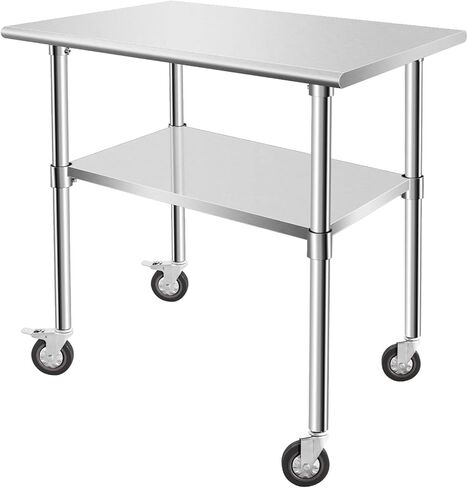 Stainless Steel Work Table with Casters, 24 x 12 x 34 Inch Heavy Duty Kitchen Prep Table for Restaurant, Home and Hotel Use, Small Kitchen Table with Stainless Steel Shelves in Kuwait