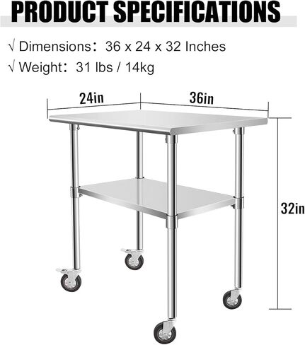 Stainless Steel Work Table with Casters, 24 x 12 x 34 Inch Heavy Duty Kitchen Prep Table for Restaurant, Home and Hotel Use, Small Kitchen Table with Stainless Steel Shelves in Kuwait