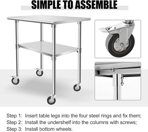 Stainless Steel Work Table with Casters, 24 x 12 x 34 Inch Heavy Duty Kitchen Prep Table for Restaurant, Home and Hotel Use, Small Kitchen Table with Stainless Steel Shelves in Kuwait