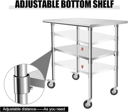 Stainless Steel Work Table with Casters, 24 x 12 x 34 Inch Heavy Duty Kitchen Prep Table for Restaurant, Home and Hotel Use, Small Kitchen Table with Stainless Steel Shelves in Kuwait