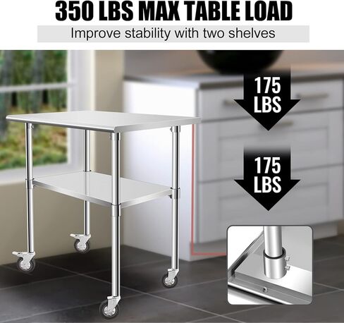 Stainless Steel Work Table with Casters, 24 x 12 x 34 Inch Heavy Duty Kitchen Prep Table for Restaurant, Home and Hotel Use, Small Kitchen Table with Stainless Steel Shelves in Kuwait