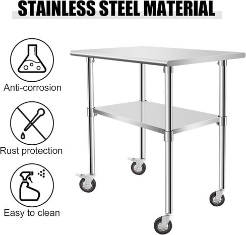Stainless Steel Work Table with Casters, 24 x 12 x 34 Inch Heavy Duty Kitchen Prep Table for Restaurant, Home and Hotel Use, Small Kitchen Table with Stainless Steel Shelves in Kuwait