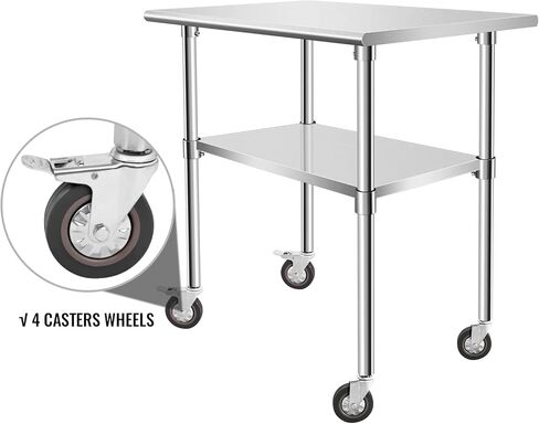Stainless Steel Work Table with Casters, 24 x 12 x 34 Inch Heavy Duty Kitchen Prep Table for Restaurant, Home and Hotel Use, Small Kitchen Table with Stainless Steel Shelves in Kuwait