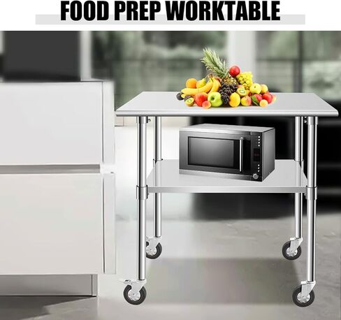 Stainless Steel Work Table with Casters, 24 x 12 x 34 Inch Heavy Duty Kitchen Prep Table for Restaurant, Home and Hotel Use, Small Kitchen Table with Stainless Steel Shelves in Kuwait