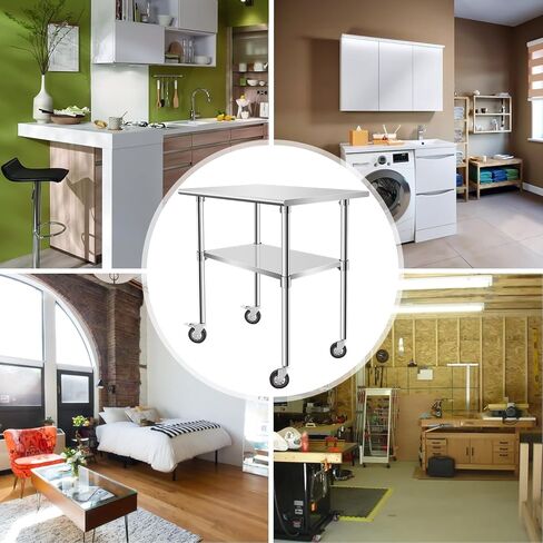 Stainless Steel Work Table with Casters, 24 x 12 x 34 Inch Heavy Duty Kitchen Prep Table for Restaurant, Home and Hotel Use, Small Kitchen Table with Stainless Steel Shelves in Kuwait