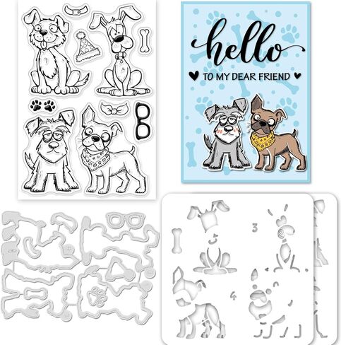 GLOBLELAND Cartoon Dog Silicone Clear Stamps Metal Funny Dog Cutting Die Cuts Geometric Dog Claw Background PET Paint Craft Stencils Template for Card Making and DIY Embossing Scrapbooking in Saudi Arabia