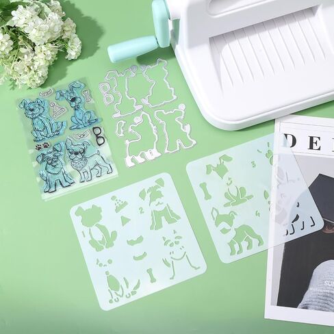 GLOBLELAND Cartoon Dog Silicone Clear Stamps Metal Funny Dog Cutting Die Cuts Geometric Dog Claw Background PET Paint Craft Stencils Template for Card Making and DIY Embossing Scrapbooking in Saudi Arabia