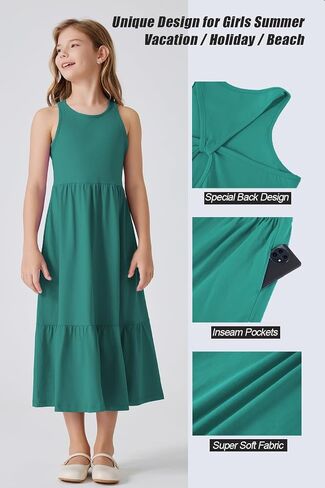 Girls Summer Maxi Dress Sleeveless Back Detailed Tiered Sundress with Pockets 5-12 Years in Saudi Arabia