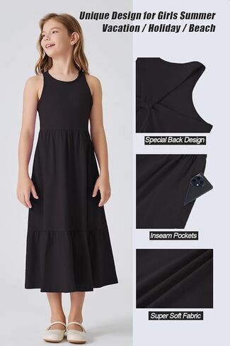 Girls Summer Maxi Dress Sleeveless Back Detailed Tiered Sundress with Pockets 5-12 Years in Kuwait