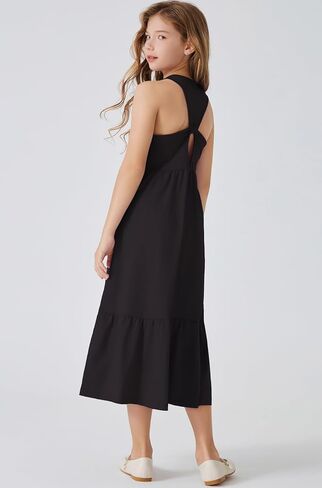 Girls Summer Maxi Dress Sleeveless Back Detailed Tiered Sundress with Pockets 5-12 Years in Kuwait