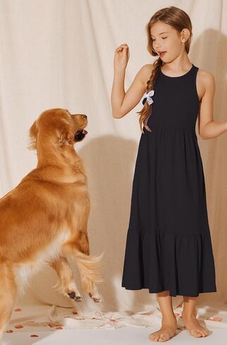 Girls Summer Maxi Dress Sleeveless Back Detailed Tiered Sundress with Pockets 5-12 Years in Kuwait