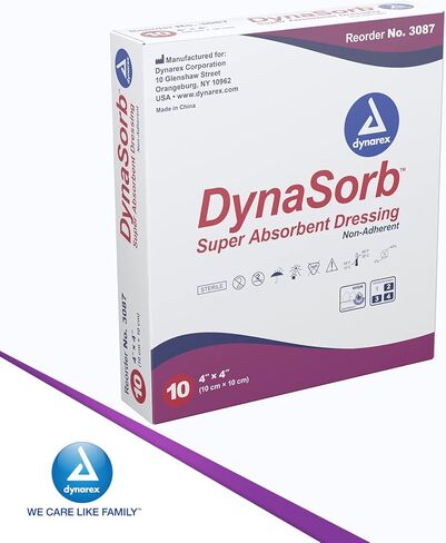 Dynarex Dynasorb الضمادات الفائقة الماصة ، رعاية الجرح العقيمة ، ناعمة وامتصاص ، متعددة الطبقات ، قطعة واحدة ، مقاومة للماء ، غير المدمرة ، 4 "× 4" ، صندوق واحد من 10 ضمادات in Kuwait