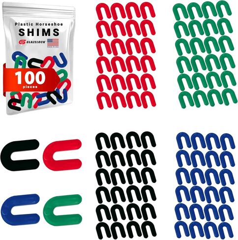 Plastic Horseshoe Shims for Leveling Multipack (100-Piece 1/4, 1/8, 1/16, 1/32-inch) U Shape Tile Spacers to Level Windows, Floors, Toilet Shims, Doors – Indoor Outdoor Use - Made in USA in Saudi Arabia