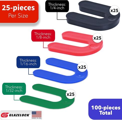 Plastic Horseshoe Shims for Leveling Multipack (100-Piece 1/4, 1/8, 1/16, 1/32-inch) U Shape Tile Spacers to Level Windows, Floors, Toilet Shims, Doors – Indoor Outdoor Use - Made in USA in Saudi Arabia
