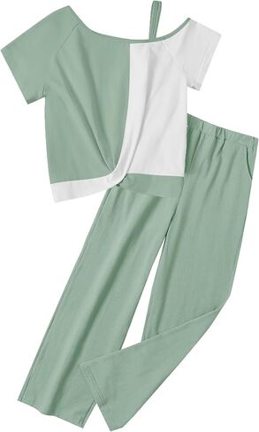 ملابس الفتيات تويست عقدة بلوك فضفاضة ملائمة الكتف البارد أعلى + ألوان صلبة عريض السراويل الفتيات الفتيات الربيع الملابس in Kuwait