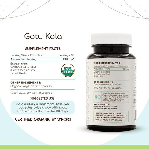كبسولات GOTU KOLA USDA | كبسولات نباتية عضوية معتمدة ، مكملات الغذائية العشبية | Centella Asiatica المجفف العشبة (120 عدد) in Saudi Arabia