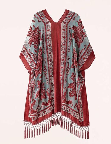 WeHello Women's Burnout Velvet Kimono Long Cardigan Cover Up with Tassel Gold in Kuwait