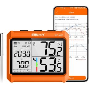 مقياس حرارة مقياس الفطريات الرقمي بلوتوث Elitech ، مقياس حرارة ثلاجات مع تطبيق مجاني ، شاشة رطوبة في الوقت الفعلي مع شاشة 4.5 بوصة ، تصدير بيانات PDF و CSV ، IPT-100s مع مسبار خارجي in Kuwait