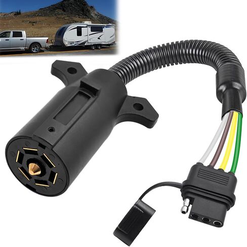 7 Way Trailer Plug 7 Pin to 4 Pin Trailer Adapter 7 Pin Trailer Connector, Vehicle-Side 4 Flat to Trailer-Side 7 Blade and 4 Pin Dual-Output Connector with Mounting Bracket for RV Truck in Kuwait