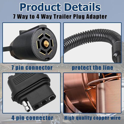 7 Way Trailer Plug 7 Pin to 4 Pin Trailer Adapter 7 Pin Trailer Connector, Vehicle-Side 4 Flat to Trailer-Side 7 Blade and 4 Pin Dual-Output Connector with Mounting Bracket for RV Truck in Kuwait