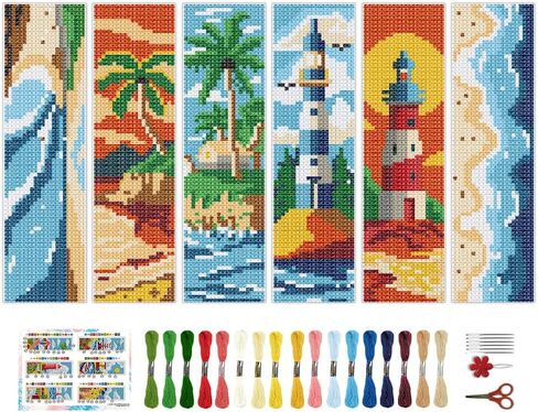 BEUNITONE 6 PCS Summer Cross Stitch Borkmark Kits for البالغين المبتدئين مرجعين للمناظر الطبيعية المشهورة عبر مجموعات غرزة مع تعليمات مرجعية لمجموعة الإبرة لعشاق القارئ هدية 8'x2.4 '' ' in Kuwait