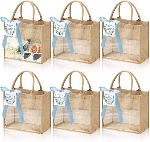 6 Pack Wedding Burlap Tote Bachelorette Gift Bags with Clear Window and Ribbon for Bridesmaid Beach Shower Party(Sage Green) in Saudi Arabia
