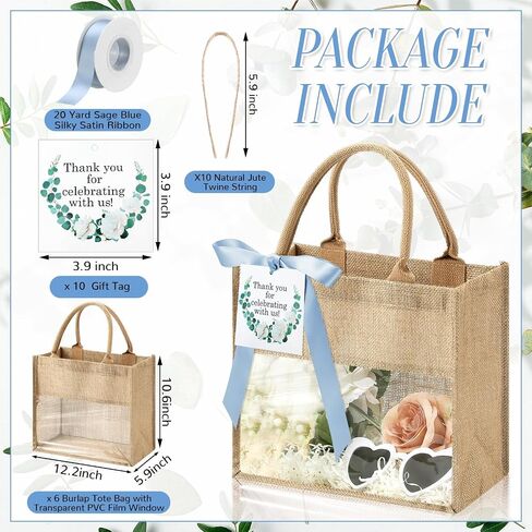 6 Pack Wedding Burlap Tote Bachelorette Gift Bags with Clear Window and Ribbon for Bridesmaid Beach Shower Party(Sage Green) in Saudi Arabia