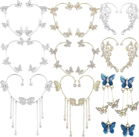 Nosiny 9 Pairs Butterfly Ear Cuffs Earrings Butterfly Long Drop Dangling Glitter Rhinestone Earrings Wrap Around Jewelry for Women Birthday Wedding Christmas Party Accessories in Kuwait