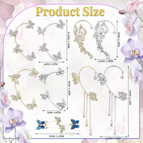 Nosiny 9 Pairs Butterfly Ear Cuffs Earrings Butterfly Long Drop Dangling Glitter Rhinestone Earrings Wrap Around Jewelry for Women Birthday Wedding Christmas Party Accessories in Kuwait