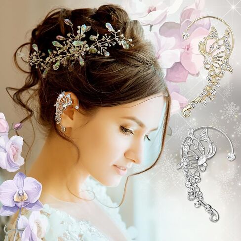 Nosiny 9 Pairs Butterfly Ear Cuffs Earrings Butterfly Long Drop Dangling Glitter Rhinestone Earrings Wrap Around Jewelry for Women Birthday Wedding Christmas Party Accessories in Kuwait