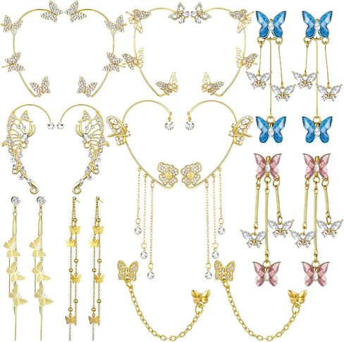 Nosiny 9 Pairs Butterfly Ear Cuffs Earrings Butterfly Long Drop Dangling Glitter Rhinestone Earrings Wrap Around Jewelry for Women Birthday Wedding Christmas Party Accessories in Kuwait