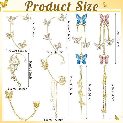Nosiny 9 Pairs Butterfly Ear Cuffs Earrings Butterfly Long Drop Dangling Glitter Rhinestone Earrings Wrap Around Jewelry for Women Birthday Wedding Christmas Party Accessories in Kuwait