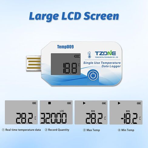 Tzone درجة حرارة البيانات المسجل USB Digital Temp Recorder مع PDF/CSV تقرير مقياس حرارة يمكن التخلص منه ، IP67 Freezer Datalogger 32000 تسجيل لتخزين نقل الثلاجة الطبية in Kuwait