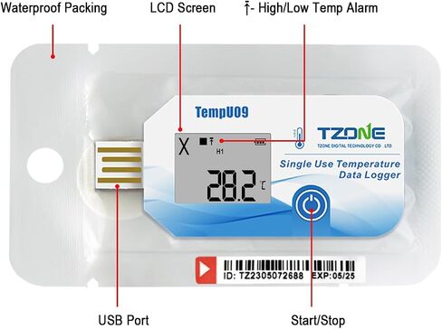 Tzone درجة حرارة البيانات المسجل USB Digital Temp Recorder مع PDF/CSV تقرير مقياس حرارة يمكن التخلص منه ، IP67 Freezer Datalogger 32000 تسجيل لتخزين نقل الثلاجة الطبية in Kuwait