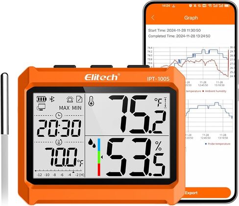 Elitech Digital Bluetooth Hygrometer Thermometer, Refrigerator Thermometer with Free APP, Real-Time Temperature Humidity Monitor with 4.5" Screen, PDF&CSV Data Export, IPT-100S with External Probe in Saudi Arabia