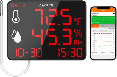 Elitech Bluetooth Hygrometer Thermometer Reusable Temperature Recorder Data Logger Temperature Humidity with Large Screen Data Storage Export, DR-230-THE with External Temperature and Humidity Sensor in Kuwait