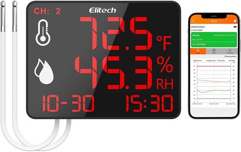 Elitech Bluetooth Hygrometer Thermometer Reusable Temperature Recorder Data Logger Temperature Humidity with Large Screen Data Storage Export, DR-230-THE with External Temperature and Humidity Sensor in Kuwait